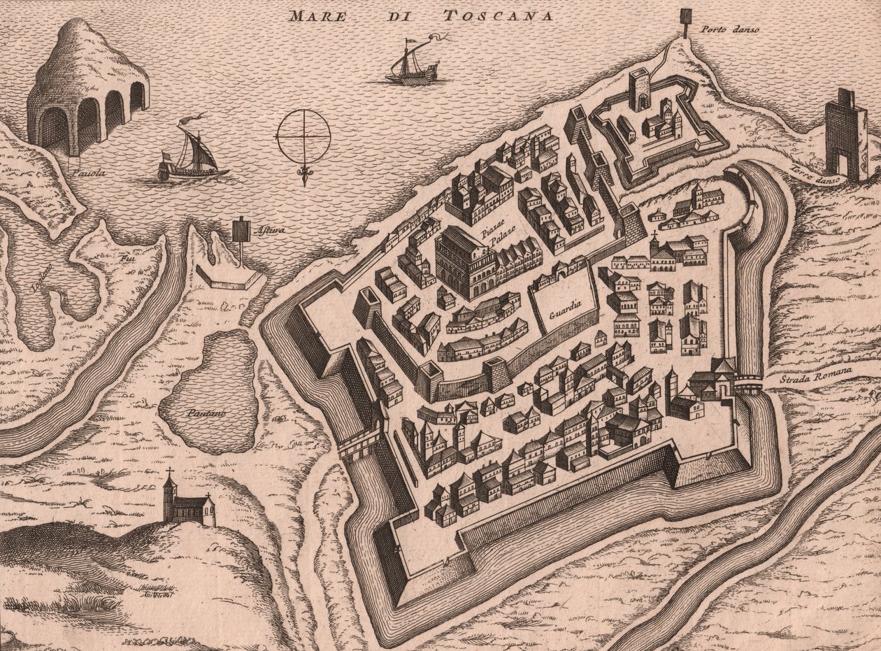 Kort over Nettuno, Lazio, Italien, kobberstik, ca 248x198 cm af Joan Blaeu