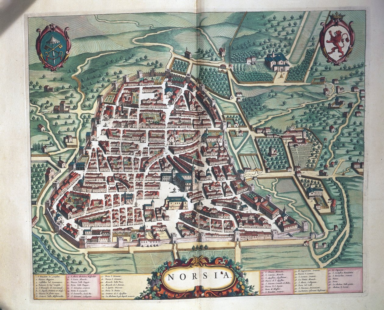 Kort over Norcia, fra Theatrum civitatum et admirandorum Italiae af Joan Blaeu, gravering af Joan Blaeu