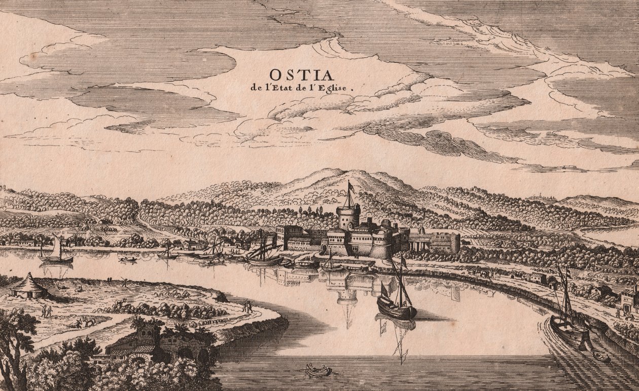 Perspektiv udsigt over Ostia by og havn, Lazio, Italien, kobbergravering, ca 278x173 cm af Joan Blaeu