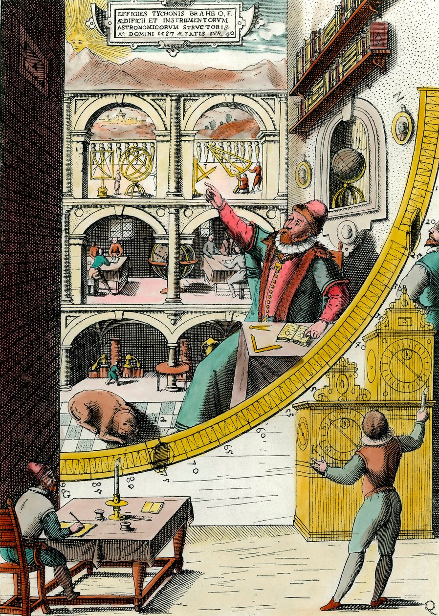 Repræsentation af Tycho Brahe (1546-1601), dansk astronom i hans observatorium Indgravering fra "Atlas Major Ssive et cosmographia Blavania labore et sumptibus" af Johannes Blaeu (1598-1673). 17. århundrede. Paris, dekorativ kunst af Joan Blaeu