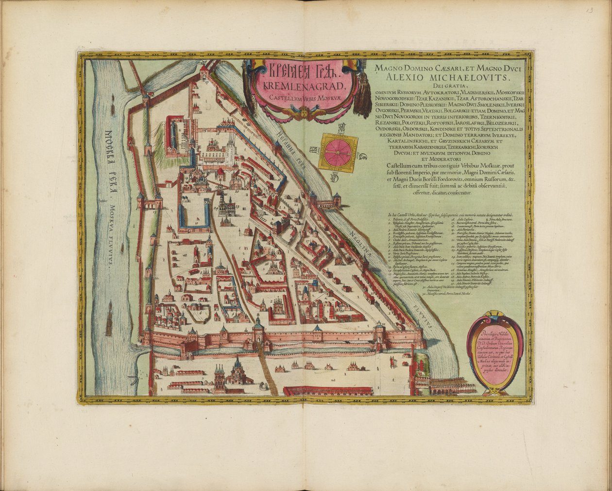 Moskva Kreml-kort fra det 16. århundrede (Castellum Urbis Moskvae), ca. 1600 (gravering og akvarel) af Joan Blaeu