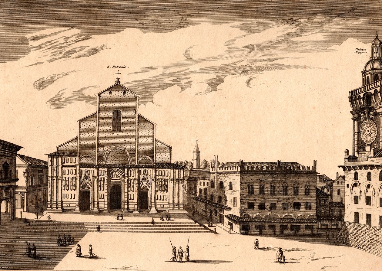 San Petronio-basilikaen på Piazza Maggiore, Bologna, Emilia-Romagna, Italien, kobberstik, ca 21x29 cm af Joan Blaeu