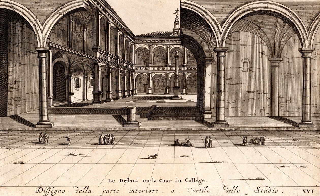 Den indre gårdhave til Archiginnasio-paladset, Bologna, Emilia-Romagna, Italien, kobberstik, ca 21x29 cm af Joan Blaeu