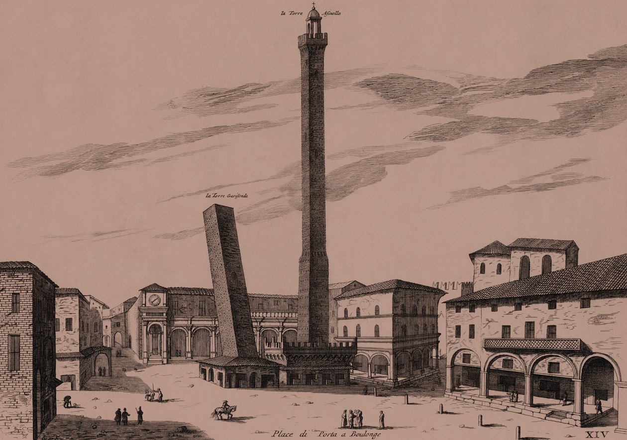 De to tårne (Asinelli og Garisenda), Bologna, Bologna, Emilia-Romagna, Italien, kobberstik, ca 21x29 cm af Joan Blaeu