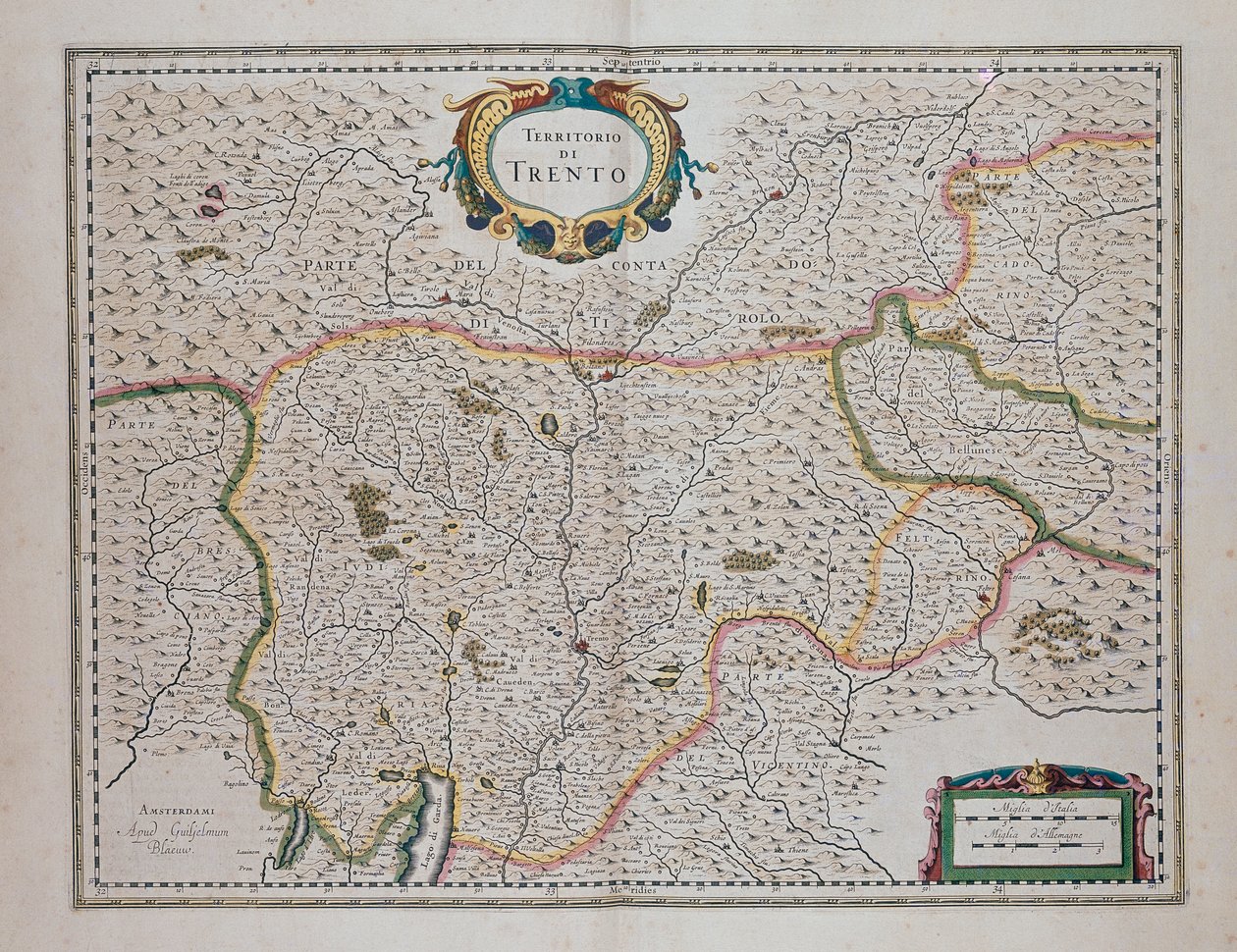 Trento-området, fra Theatre of World, eller New Atlas of Maps and Representations of All Regions (Theatrum orbis terrarum, sive, Atlas novus) af Joan Blaeu (1596-1673), Italien af Joan Blaeu