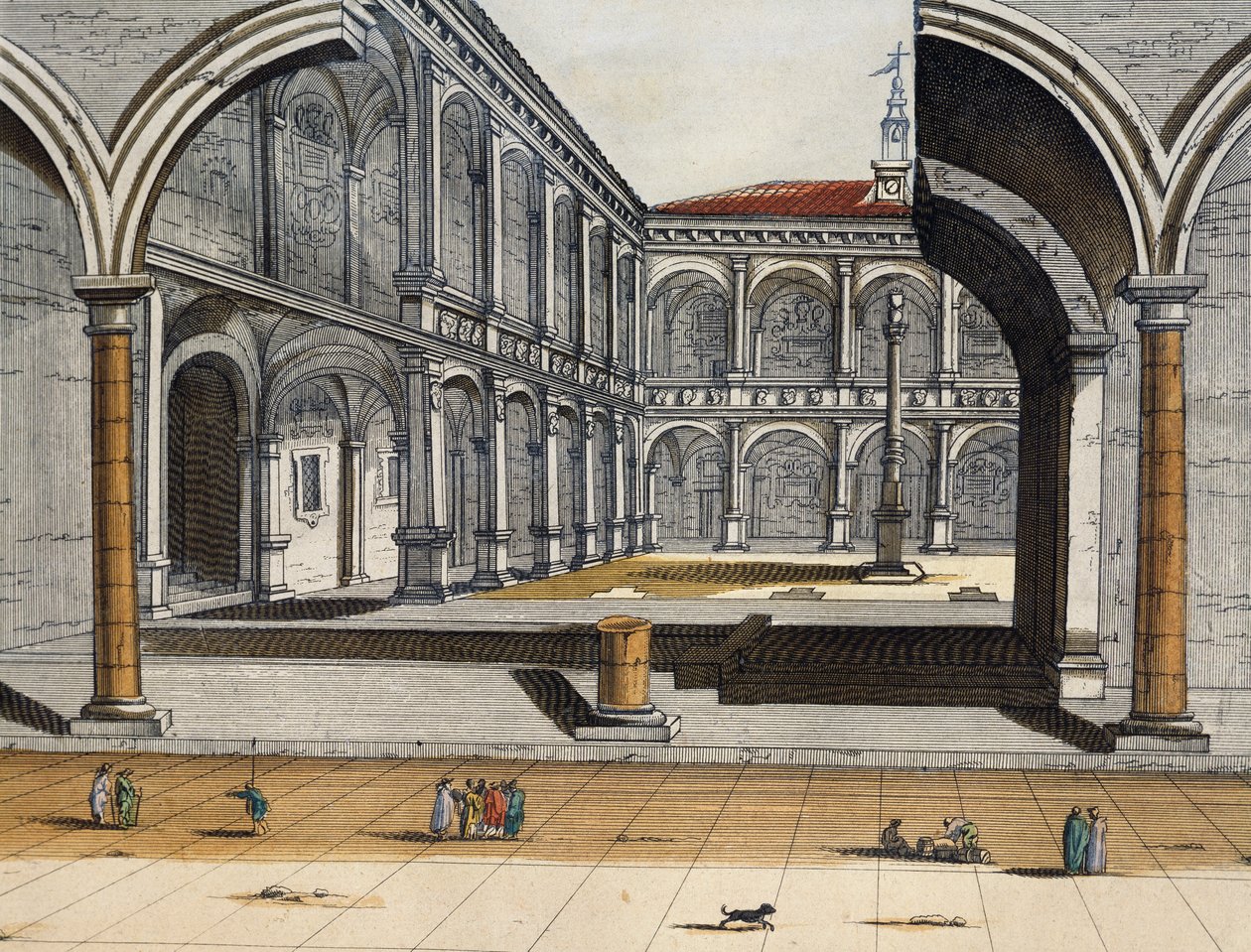 Udsigt over den indre gårdhave til det gamle universitet i Bologna, Joan Blaeu, gravering, Italien af Joan Blaeu
