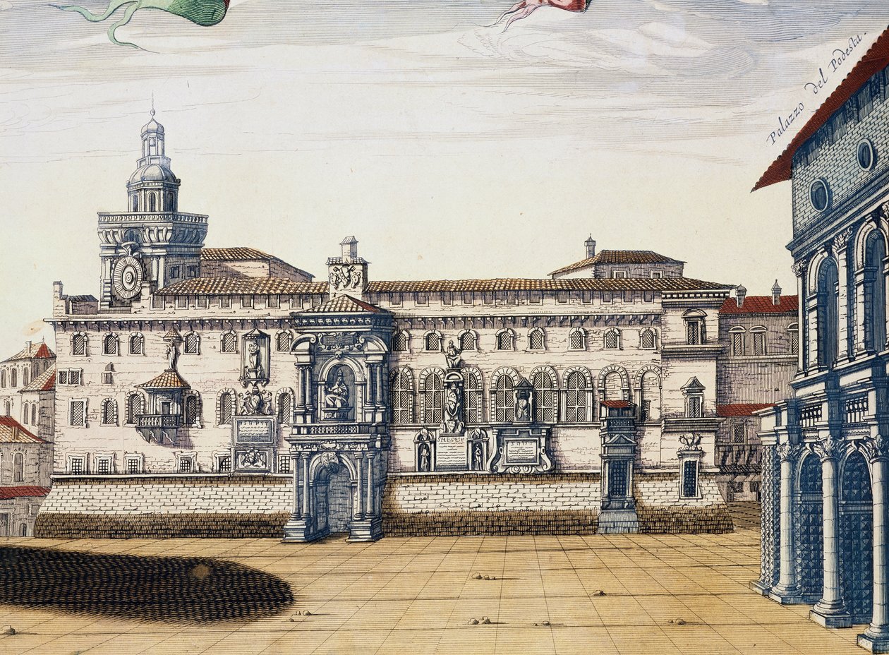 Udsigt over det gamle torv i Bologna, gravering af Giacomo Lauro og Joan Blaeu fra Teatret for byer og vidundere i Italien, udgivet i Amsterdam i 1663 af Joan Blaeu