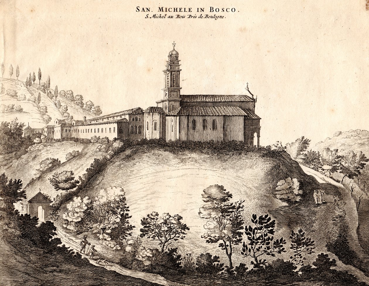 Udsigt over San Michele i Bosco Kloster, Bologna, Emilia-Romagna, Italien, kobberstik, ca 21x29 cm af Joan Blaeu