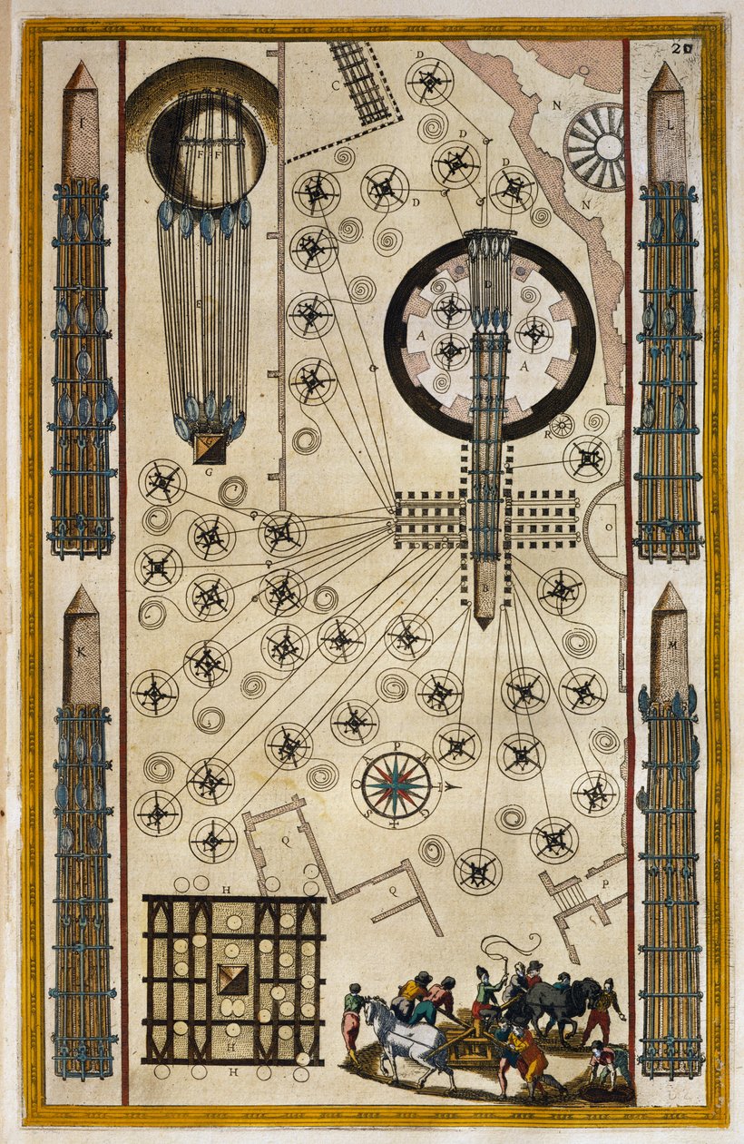 Spil til bevægende obelisk, gravering fra The Theatre of the City and the Wonders of Italy, af Joan Baleu (1596-1673) af Joan Blaeu