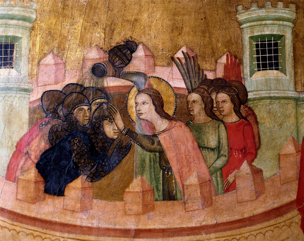Saint Quiteria døber soldater, altertavle af Saint Quiteria, ca. 1346 (tempera på panel) af Joan Loert