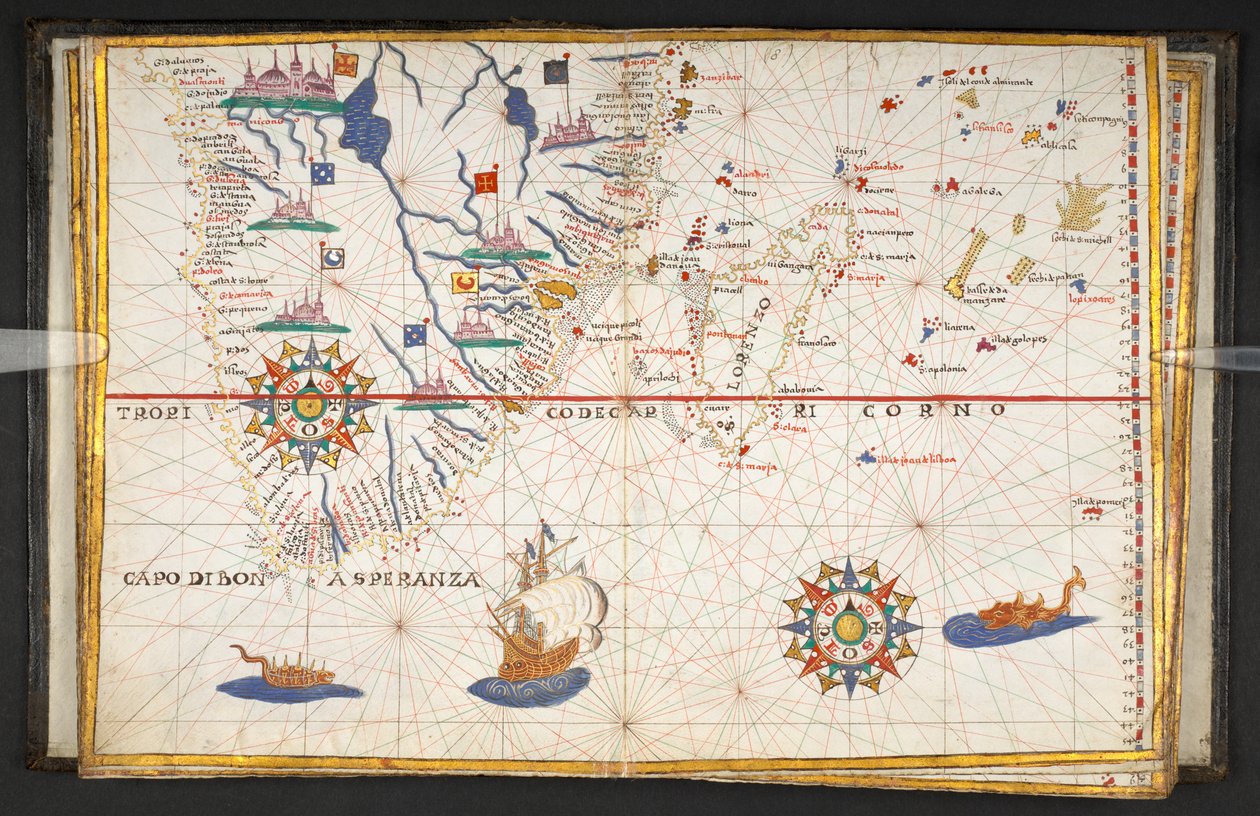 Et kort over Afrika, syd for ækvator, med en del af Det Indiske Ocean, fra "An atlas of 17 sea charts by Joan Martines". af Joan Martines