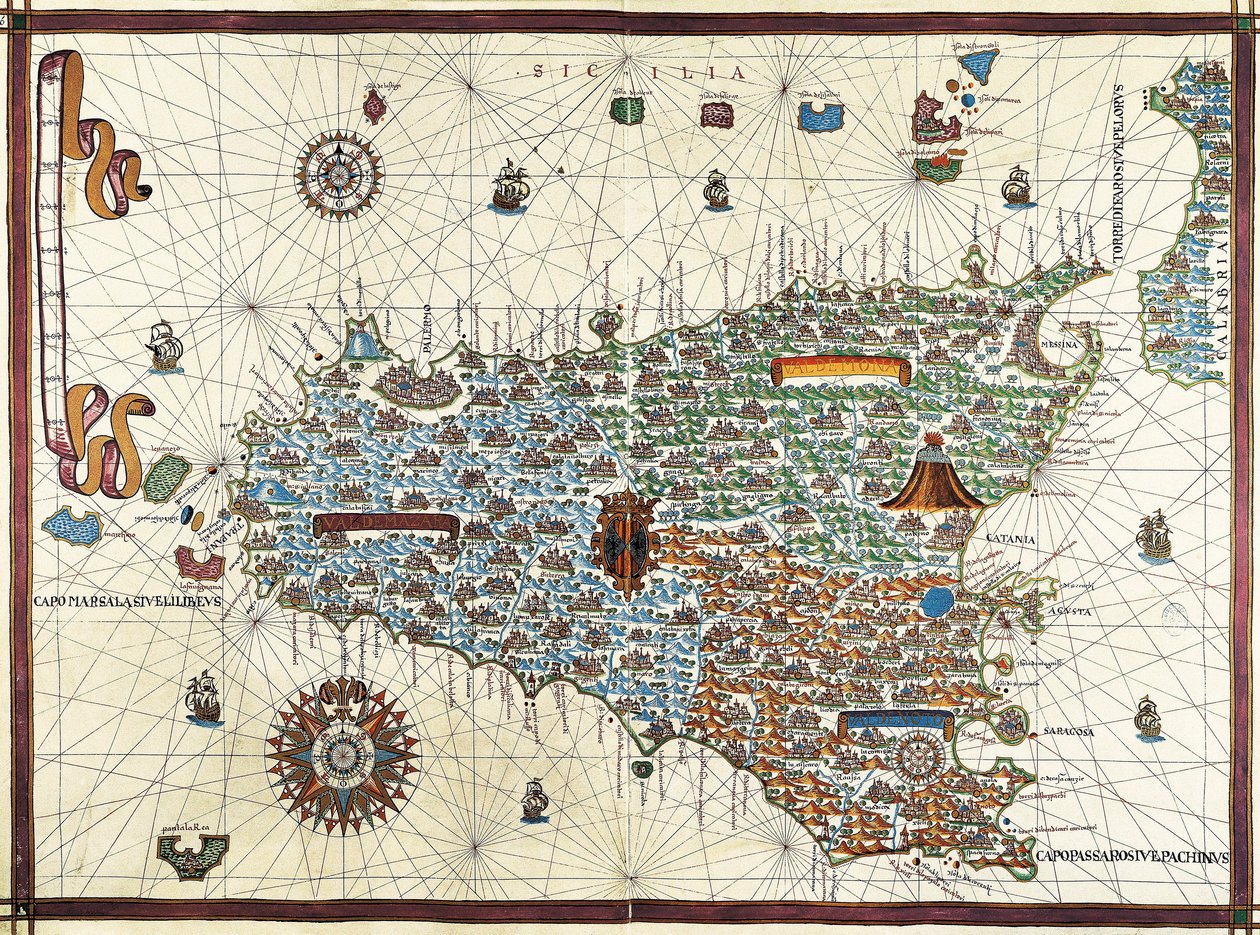 Isle of Sicilien. (Sicilien) Navigationskort over Joan Martines (1556-1591) af Joan Martines