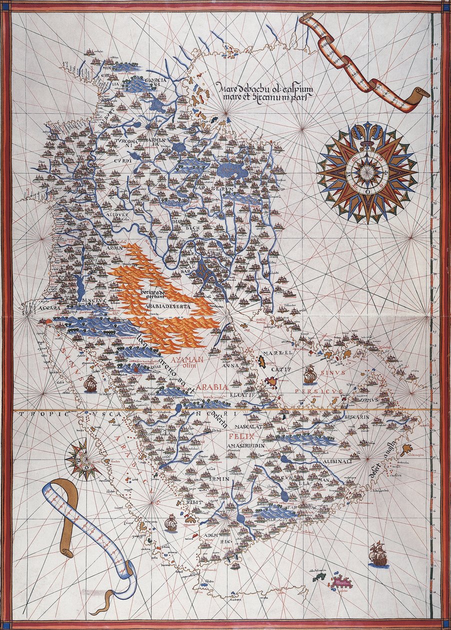 Kort over Den Arabiske Halvø, med vindrose og detaljer om havne og havkyster, i Atlas de Joan Martines af Joan Martines