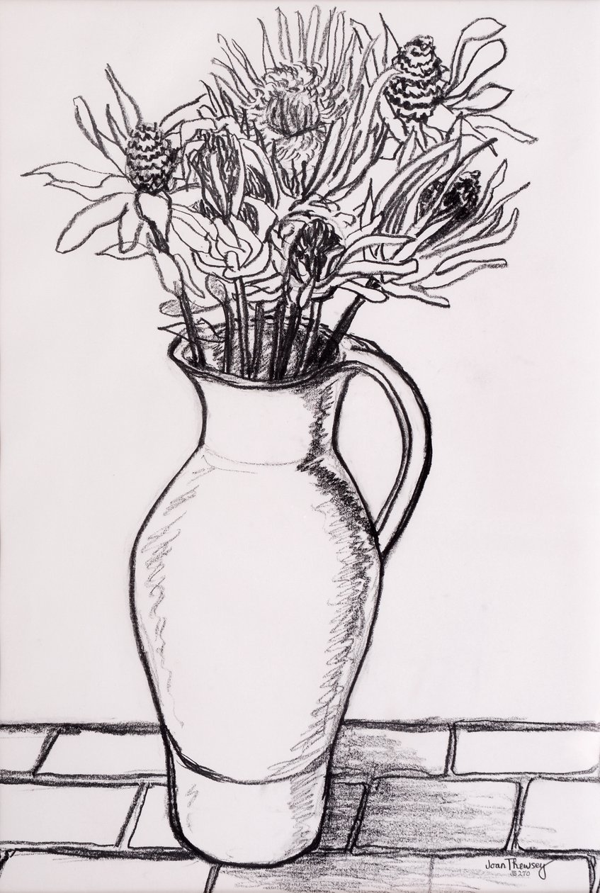 Brun kande med tørrede blomster, 2000,grafit af Joan Thewsey