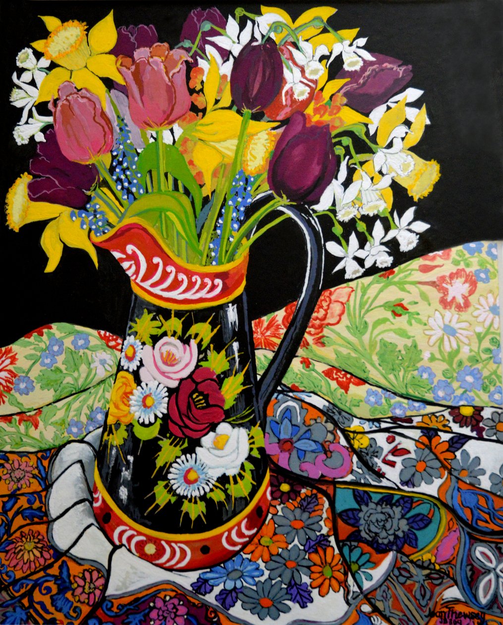 Kanalbådskande, påskeliljer og tulipaner, 2005 (gouache) af Joan Thewsey
