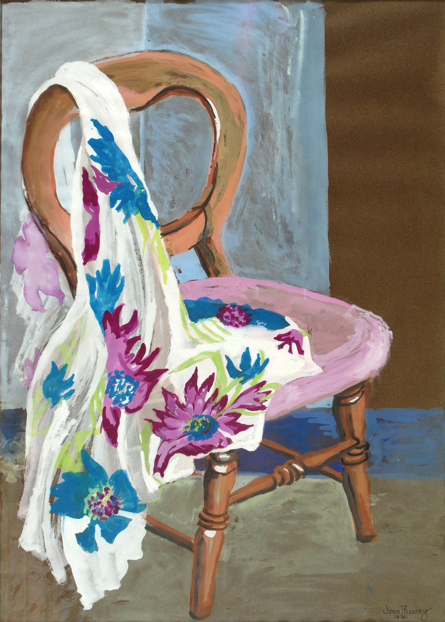 Stol og mønstret stof, 2000,(gouache) af Joan Thewsey