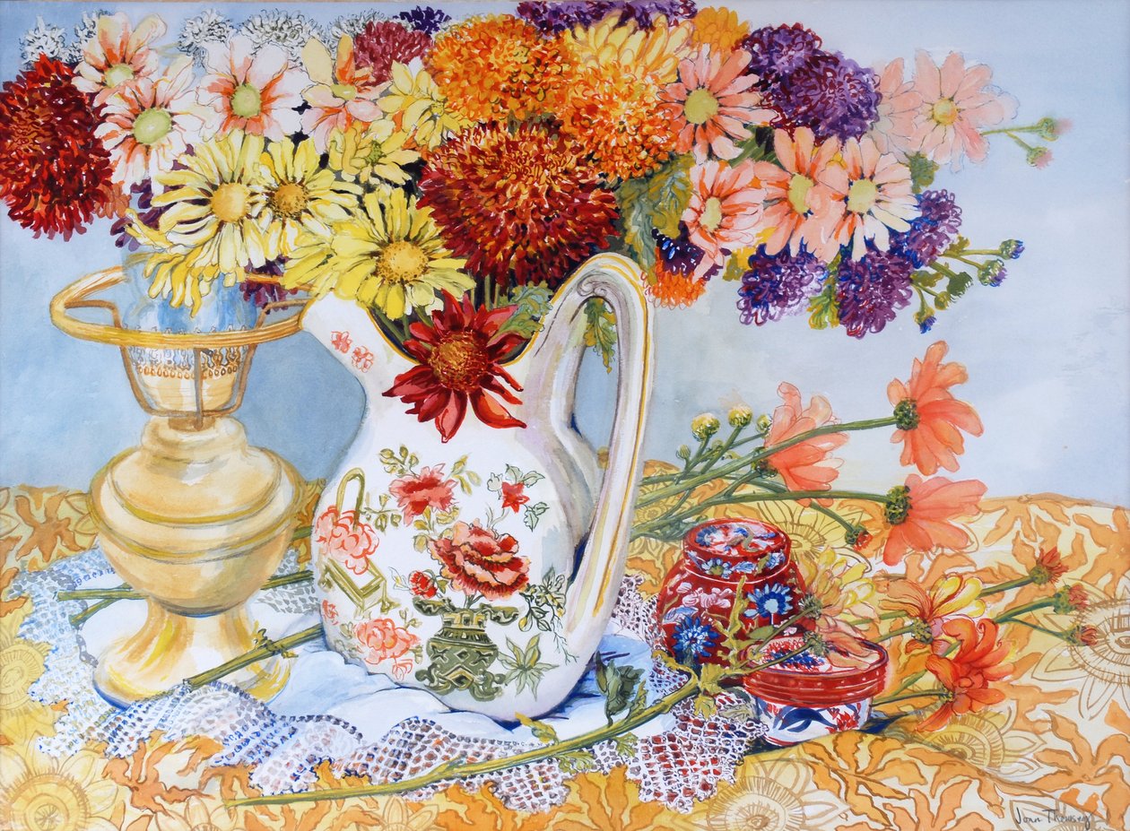 Chrysanthemums in a Chinese Jug, 2012,wc på papir af Joan Thewsey