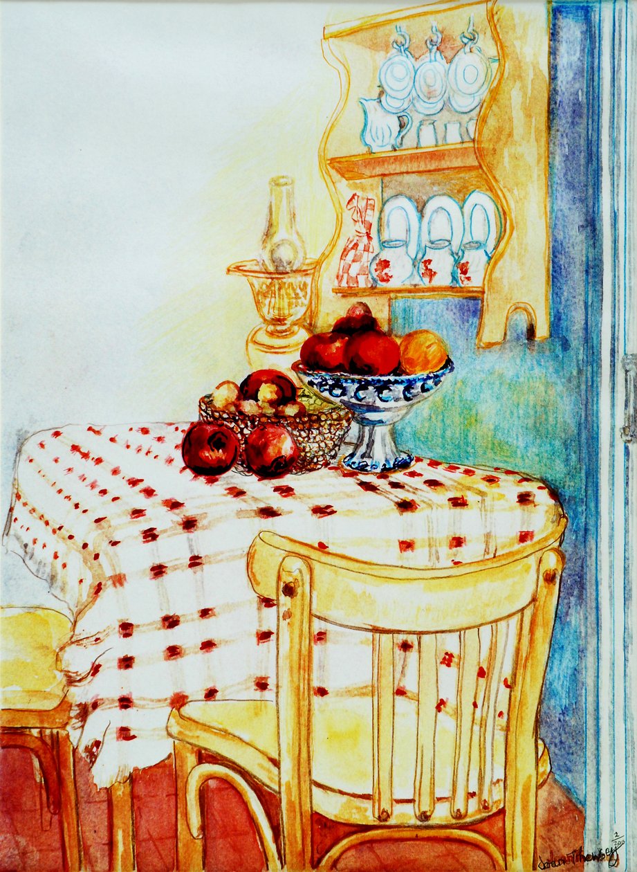 Cottage køkkenbord med æbler, 2005,(vandfarve) af Joan Thewsey