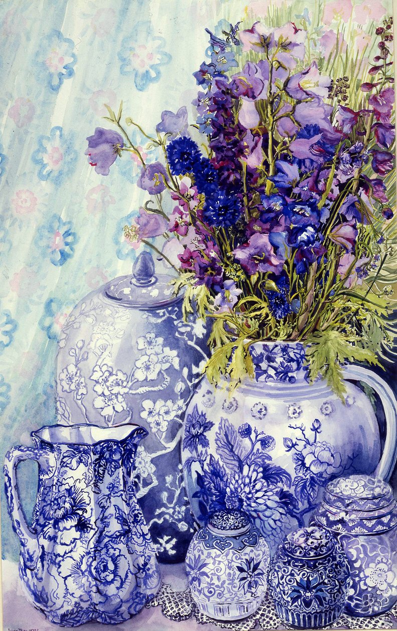 Delphiniums med antikke blå potter, 2000, (vandfarve) af Joan Thewsey