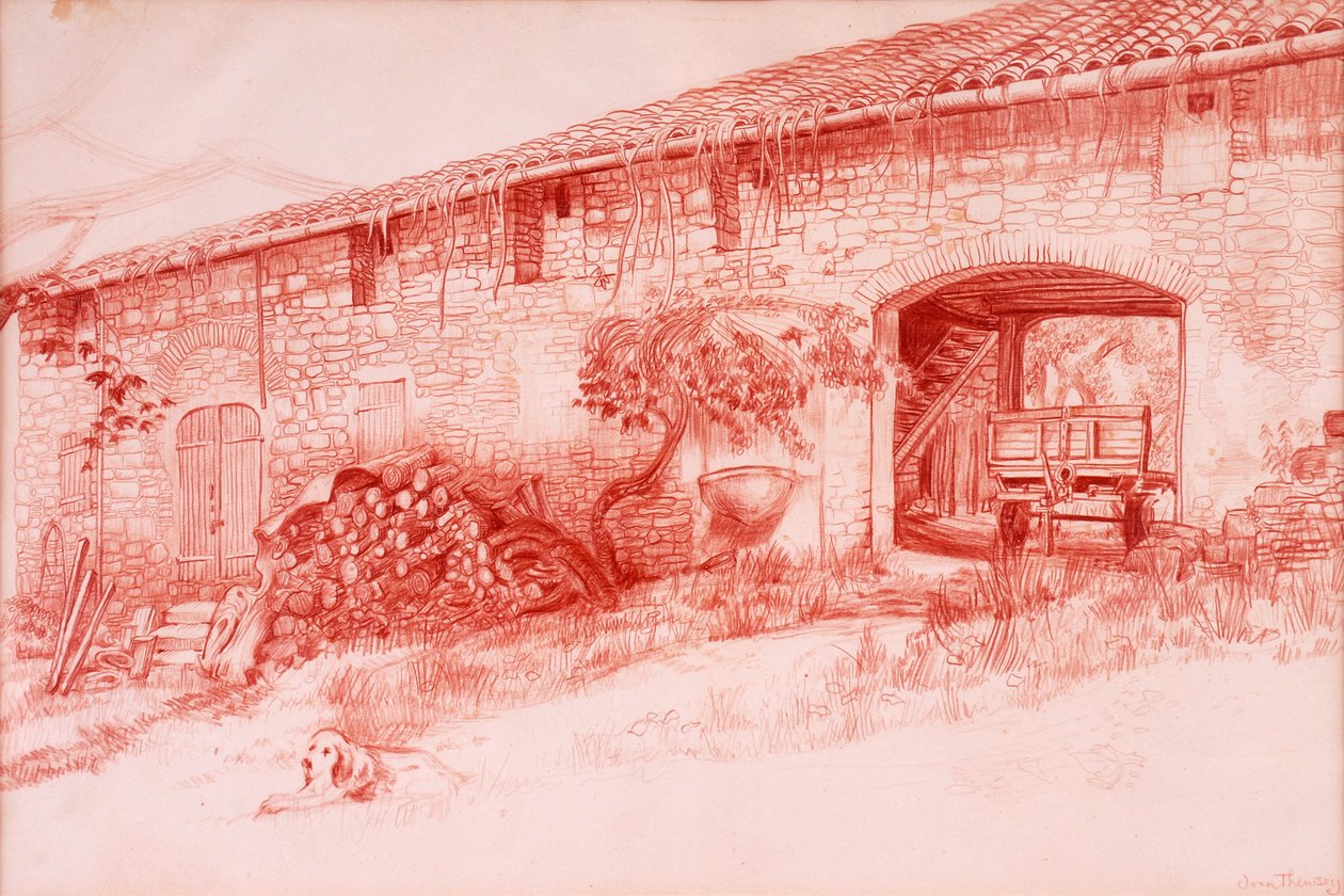 Bondegård, Provence, 2000, Terra cotta blyant af Joan Thewsey