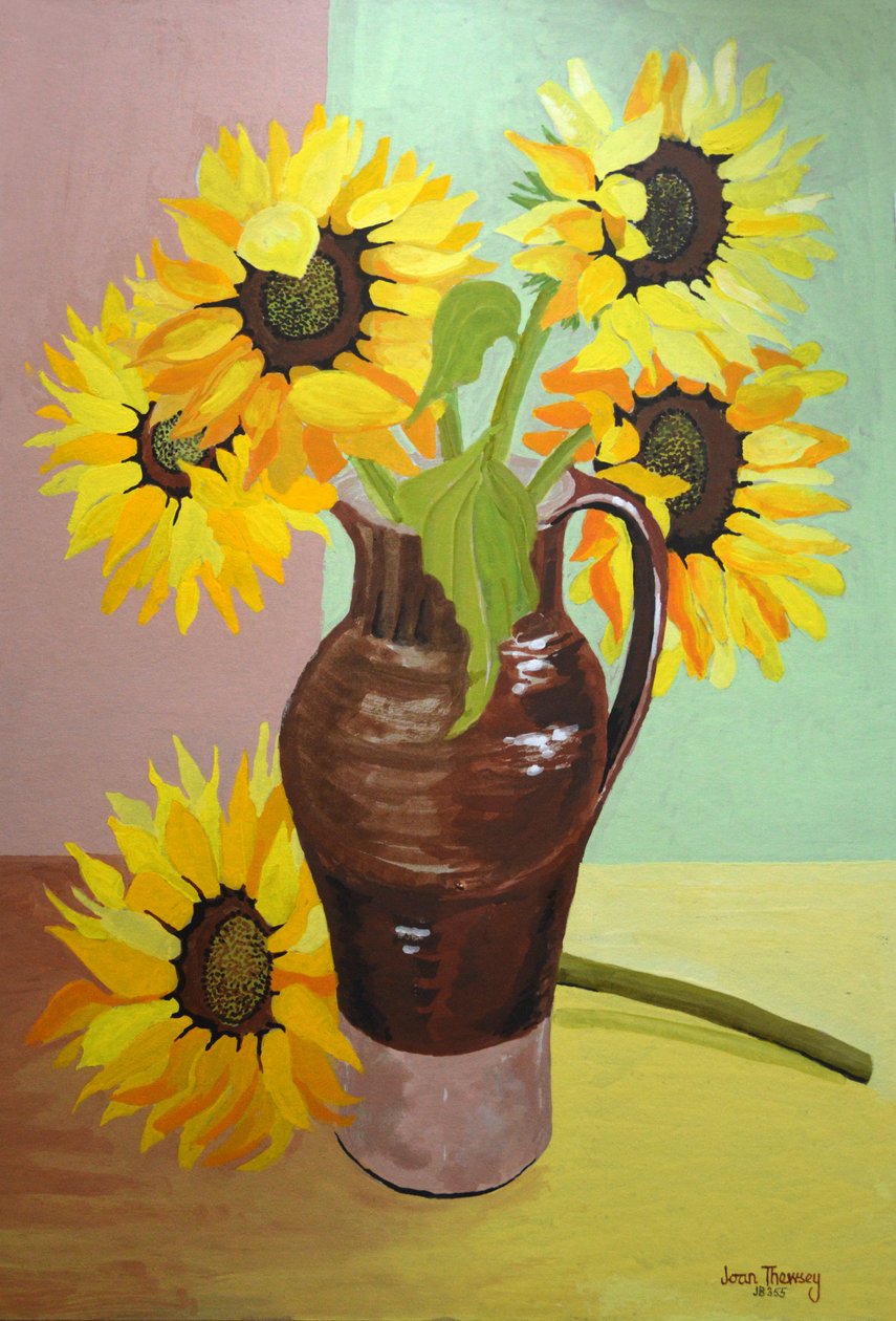 Fem solsikker i en høj brun kande,2007 (gouache) af Joan Thewsey