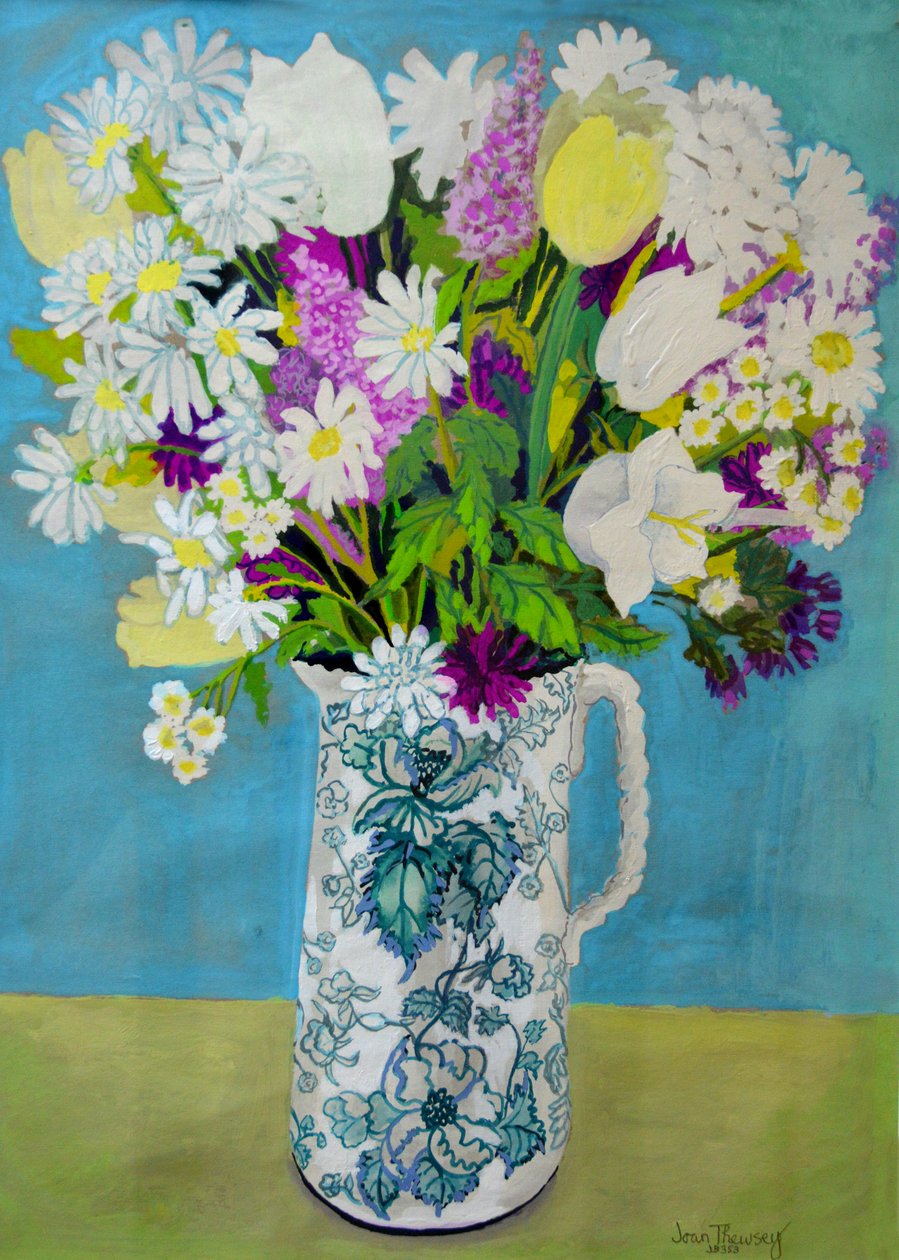 Blomster i en kande, turkis dekoration, 2011, af Joan Thewsey