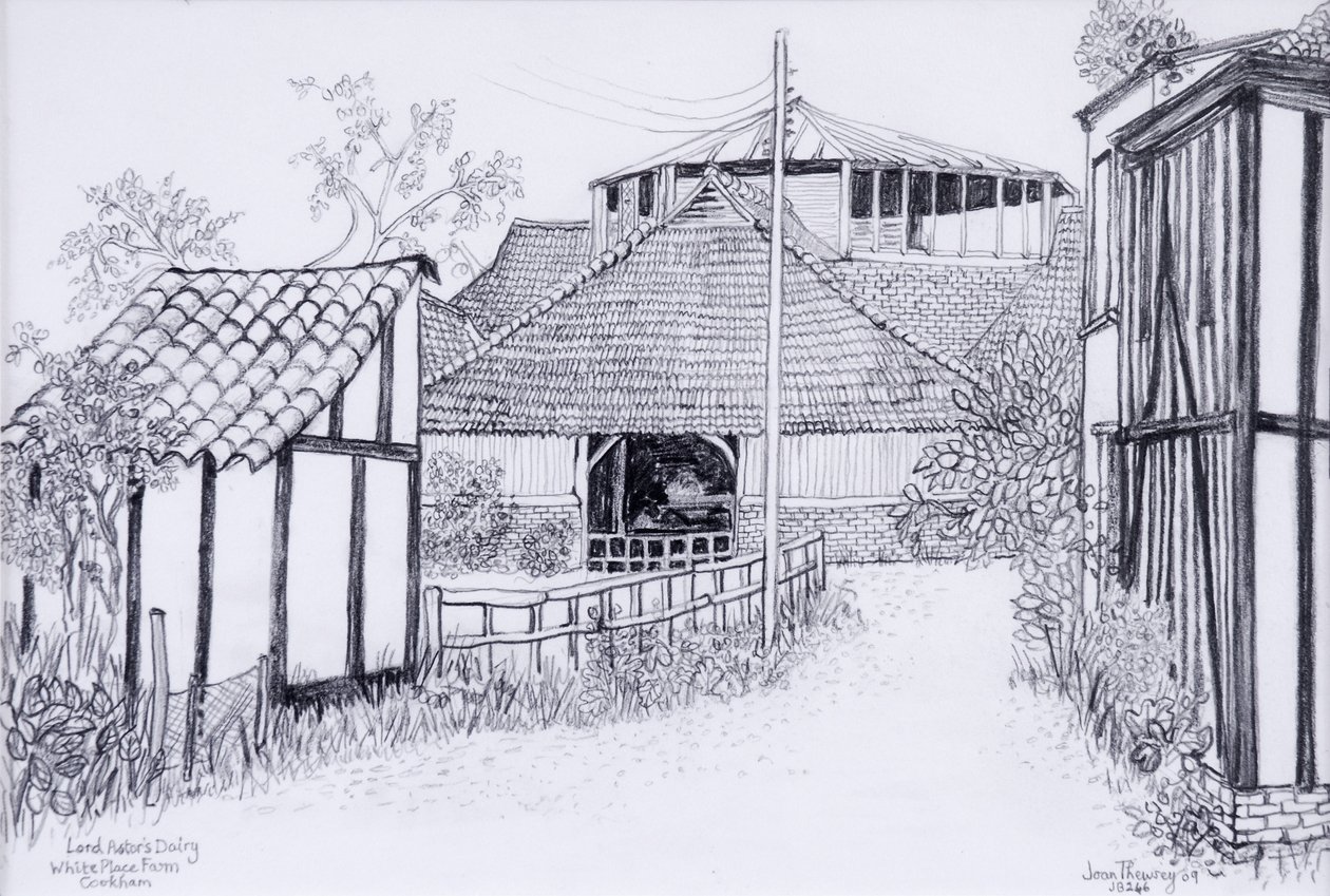 Lord Astors Dairy, White Place Farm, Cookham 2012, blyant af Joan Thewsey