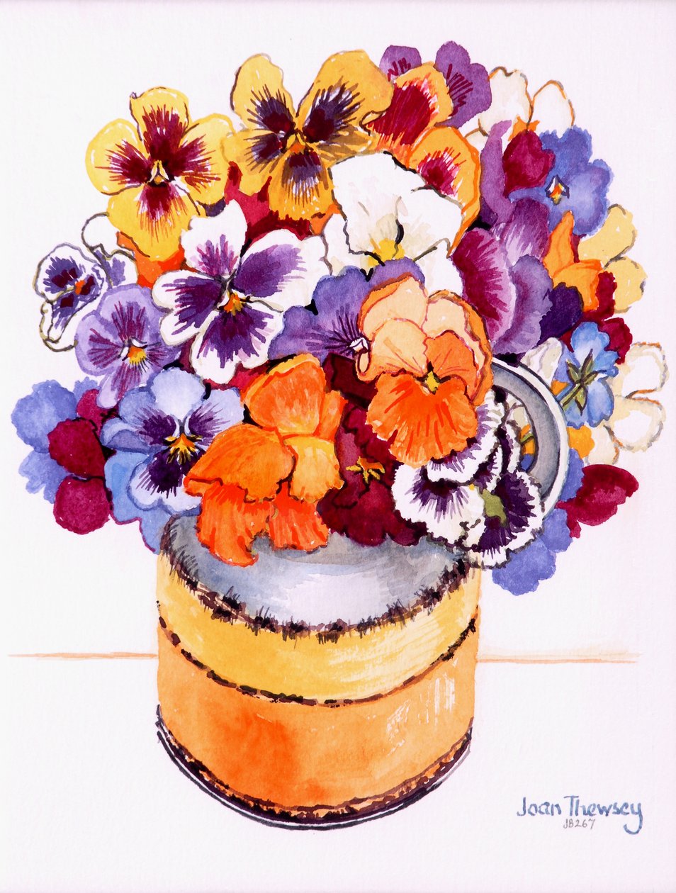 Pansies in a Midwinter Jug,2000. akvarel på håndlavet papir af Joan Thewsey