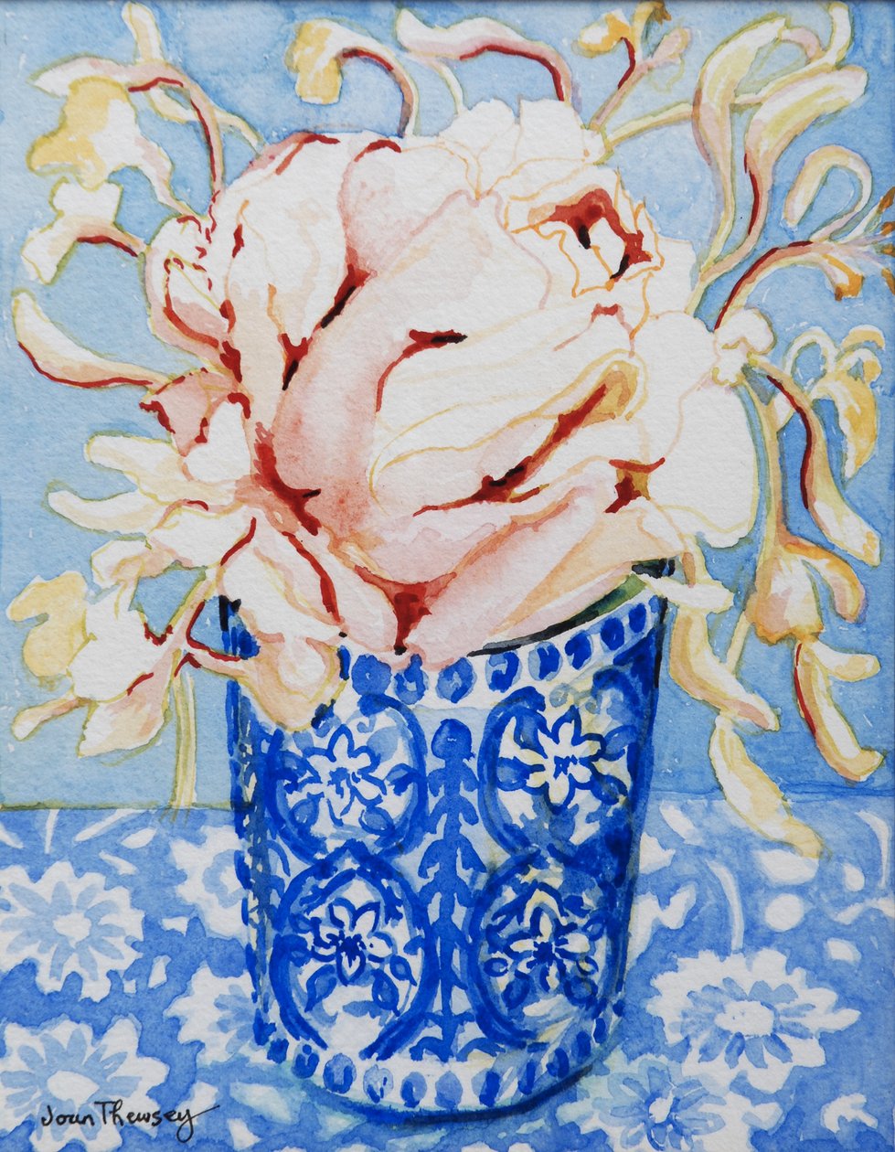 Pink Rose and Honeysuckle, 2000, (wc på håndlavet papir) af Joan Thewsey