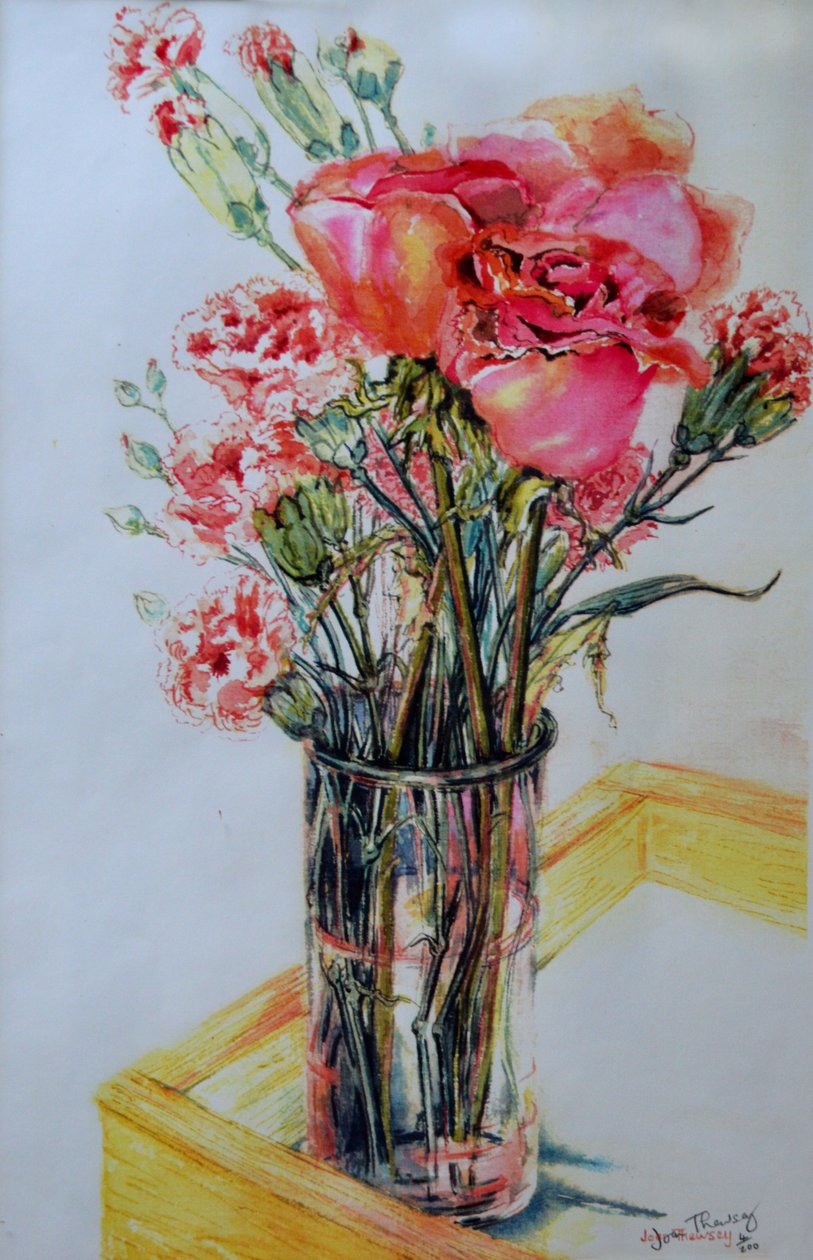 Pink Roses with Cottage Pinks, 2010, af Joan Thewsey