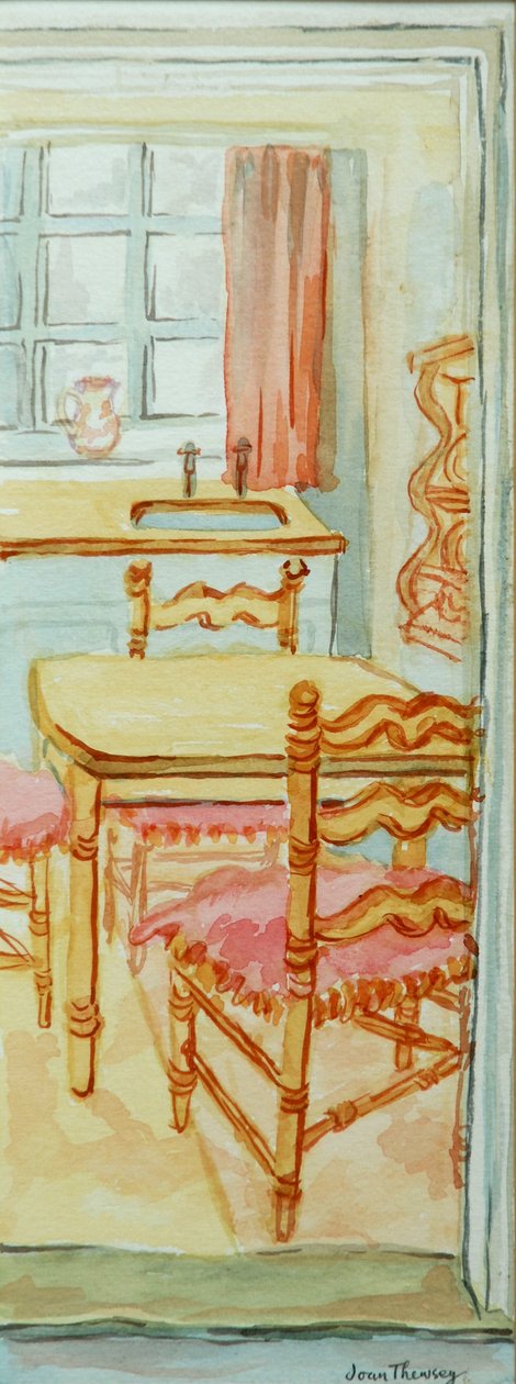 Red Cottage Kitchen, Suffolk,2000,akvarel på håndlavet papir af Joan Thewsey