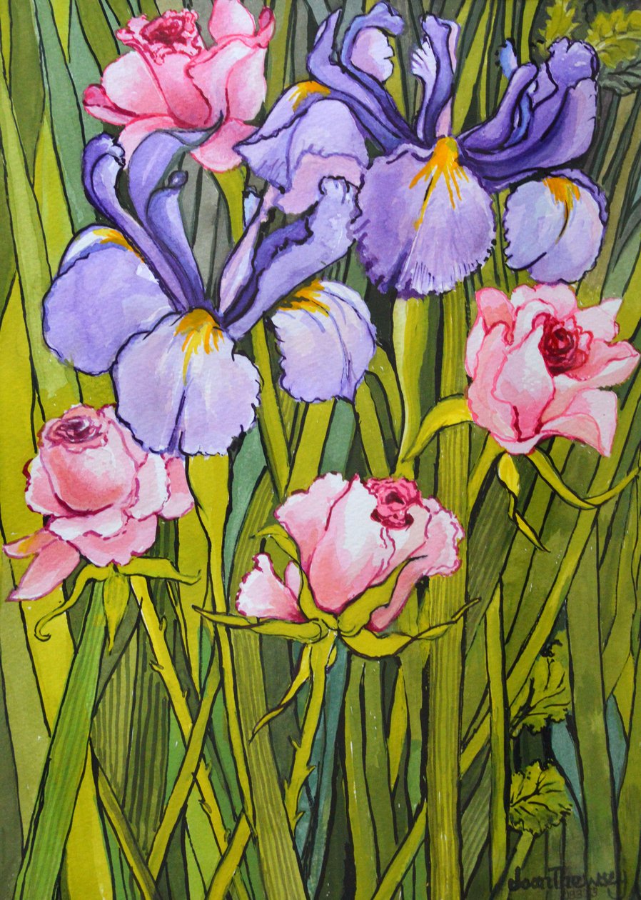 Roser og iriser i haven, 2003, af Joan Thewsey