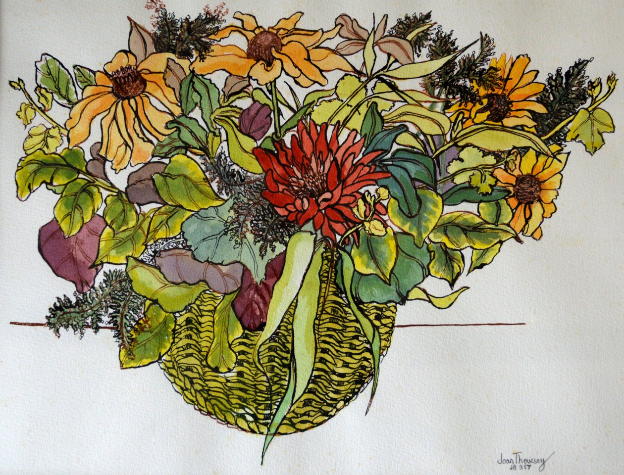 Rudbeckia med løv i kurv, 2011, (pen, blæk og akvarel) af Joan Thewsey