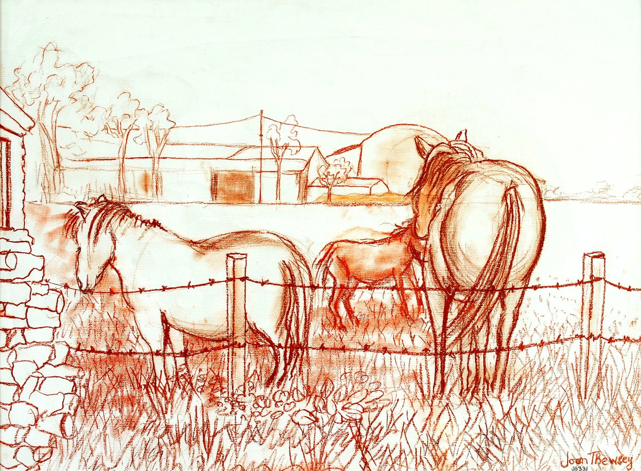 Serenade, Janie and a Donkey in the Meadow, 2000, (Terracotta Conte`) af Joan Thewsey