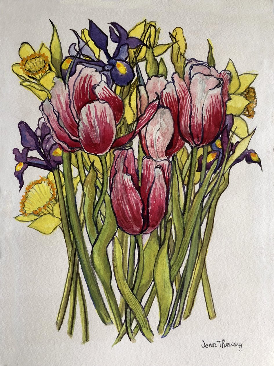 Tulipaner, påskeliljer og iris af Joan Thewsey