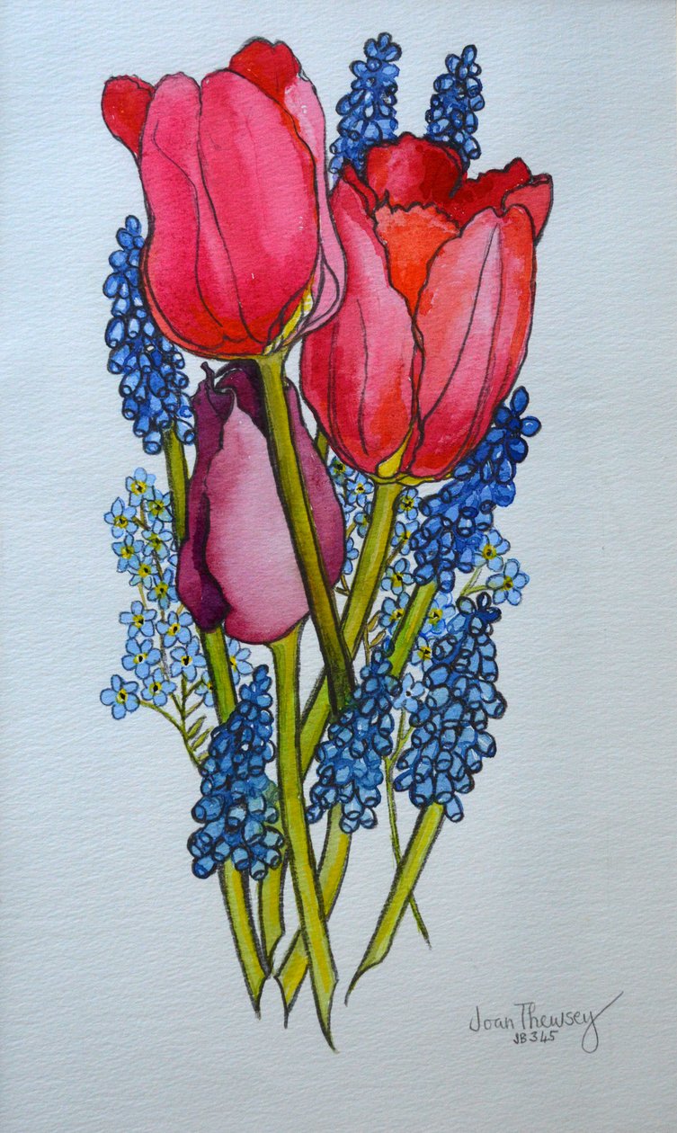 Tulipaner, muscari og forglemmigej, 2002, af Joan Thewsey