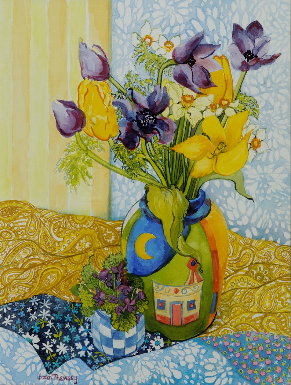 Tulipaner og anemoner med en gryde med violer, 2010, akvarel af Joan Thewsey