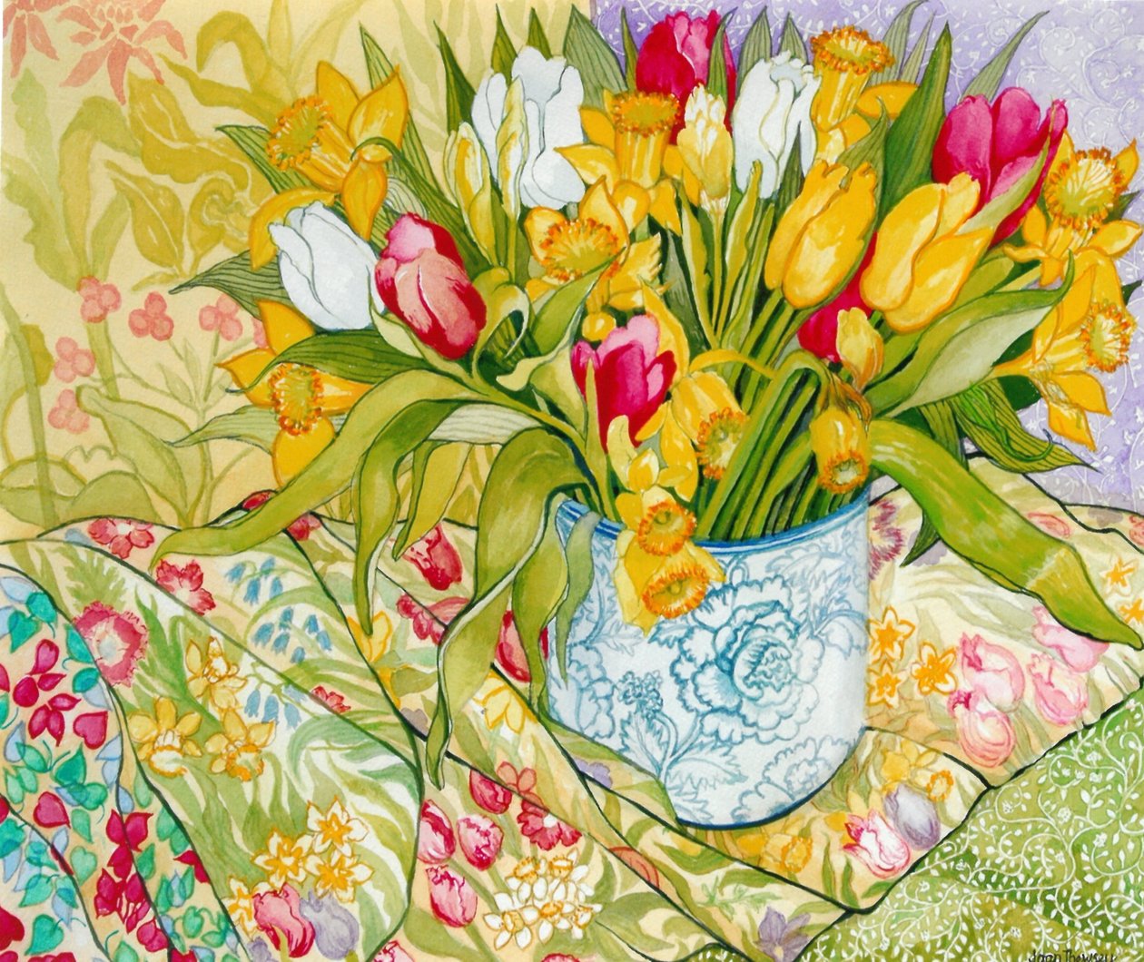 Tulipaner og påskeliljer med mønstrede tekstiler, 2000, (vandfarve) af Joan Thewsey