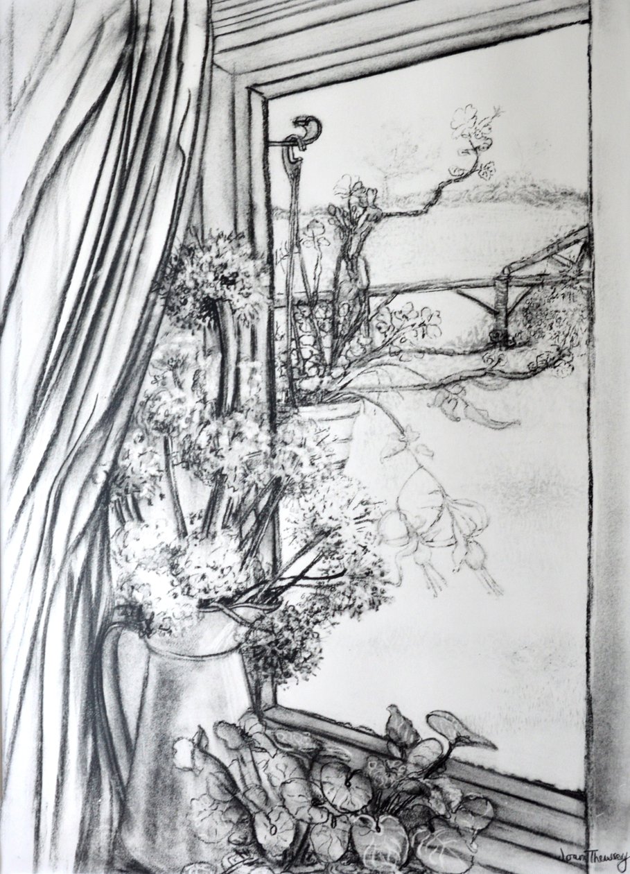 Udsigt gennem sommerhusvinduet,1970 (trækul) af Joan Thewsey