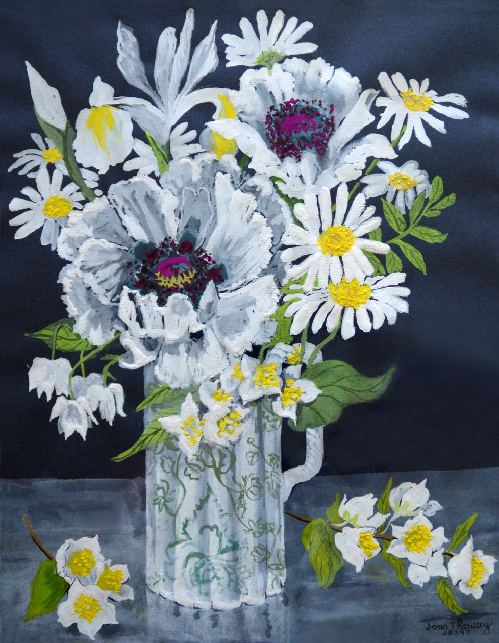 Hvide valmuer, Margueritter og Philadelphus, (gouache) af Joan Thewsey