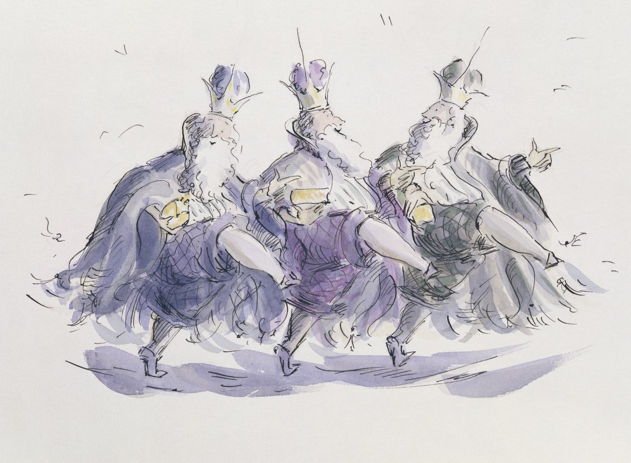 Three Kings Dancing a Jig (pen & blæk og wc på papir) af Joanna Logan