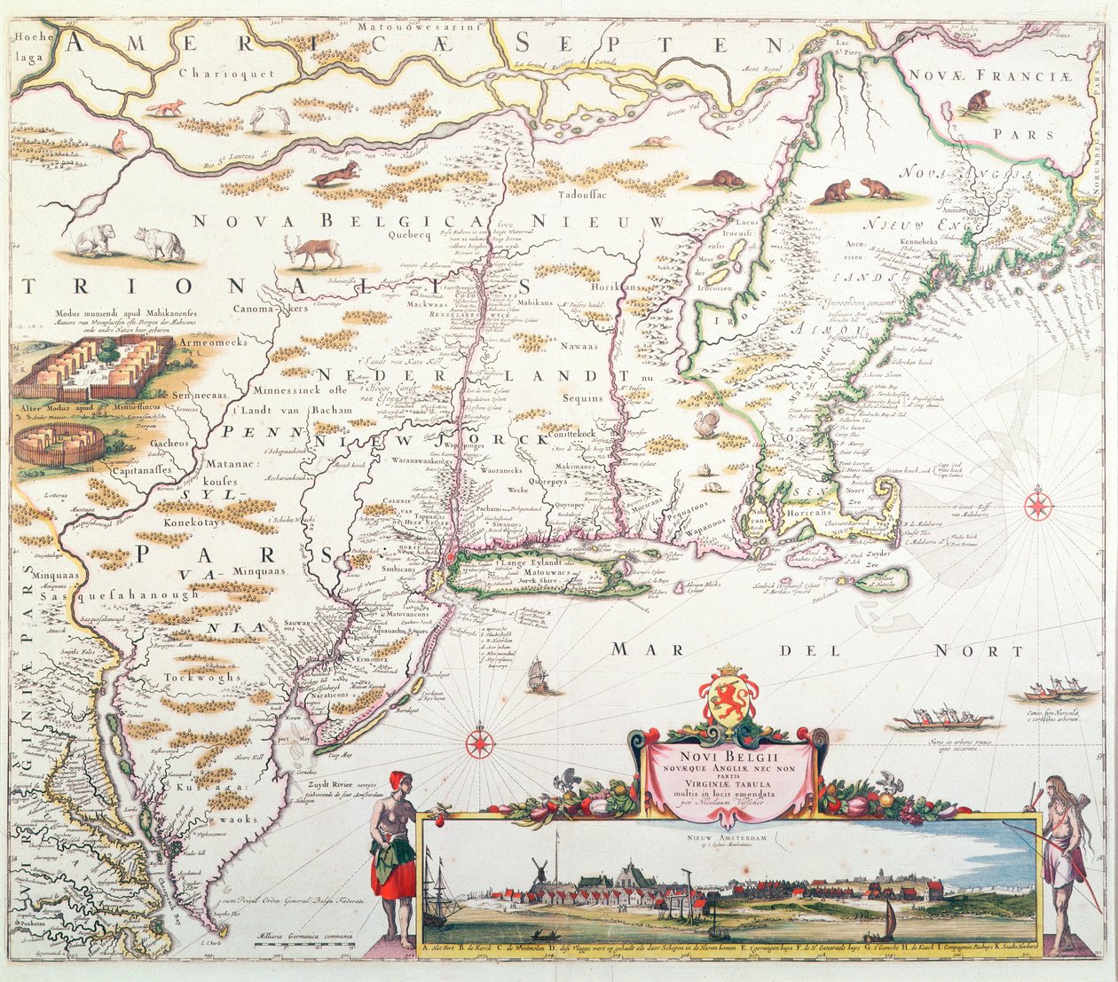 Kort over New Belgium med udsigt over New Amsterdam, udarbejdet af Nicolaes Visscher (1618-1709) c.1651-55 (håndfarvet gravering) af Joannes Jansson