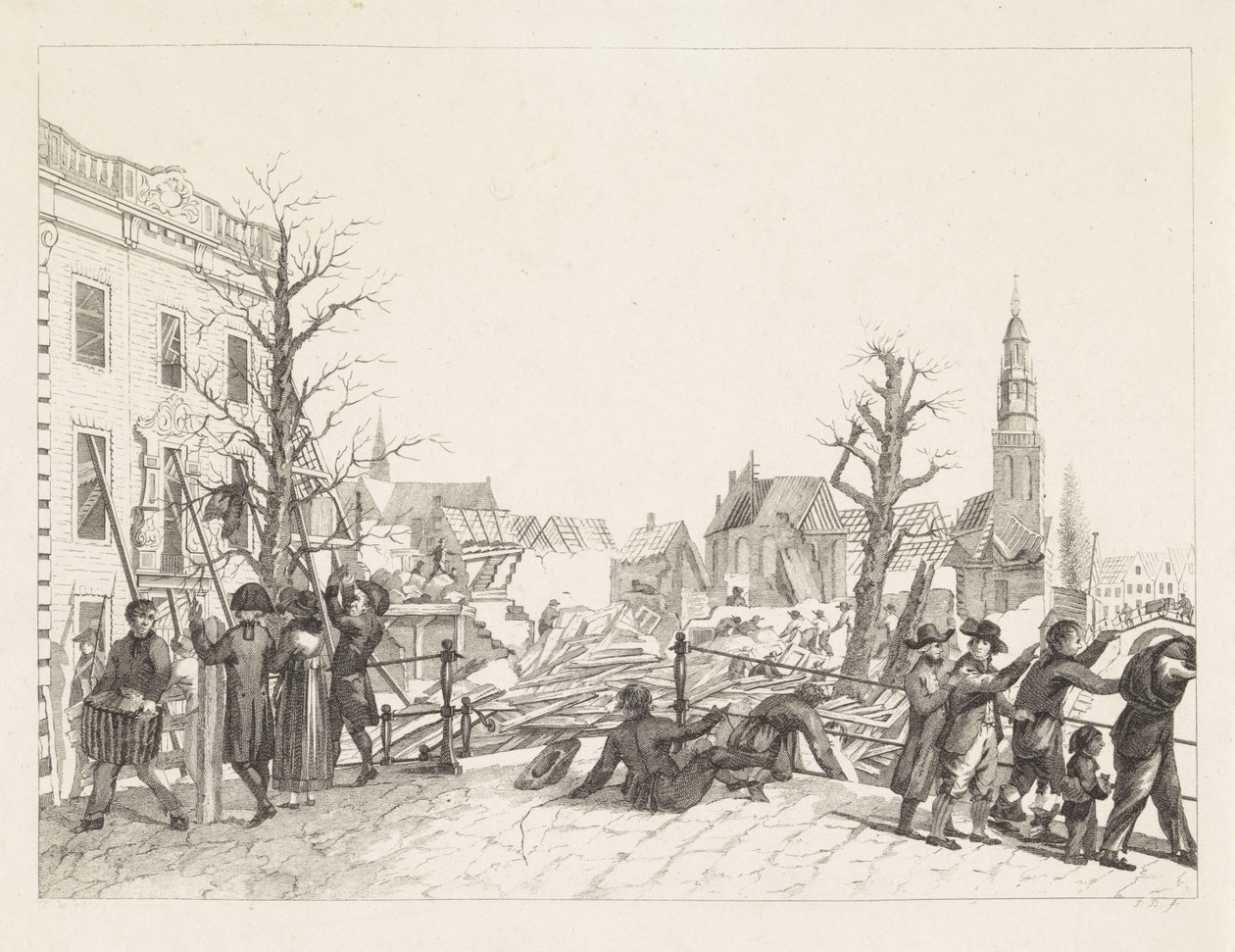 Ruiner i Leiden efter krudtkatastrofen, 1807 af Joannes Bemme