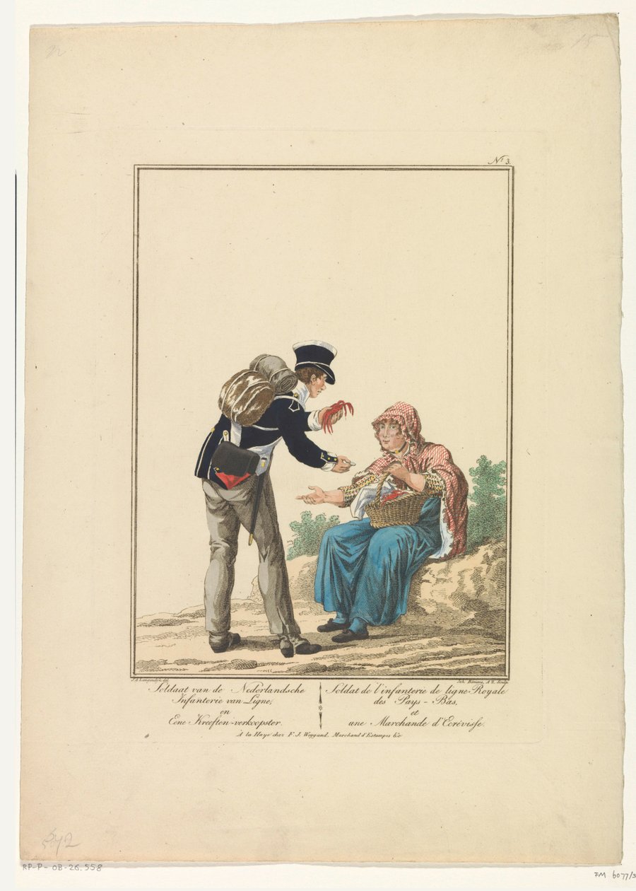 Stående soldat med hummersælger Soldat fra det hollandske infanteri i Ligne og en hummersælger (titel på objektet) Uniformer og kostumer (serietitel) af Joannes Bemme