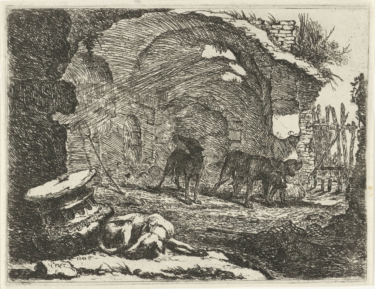 Fire hunde ved en ruin Hunde (serietitel) af Joannes Fijt