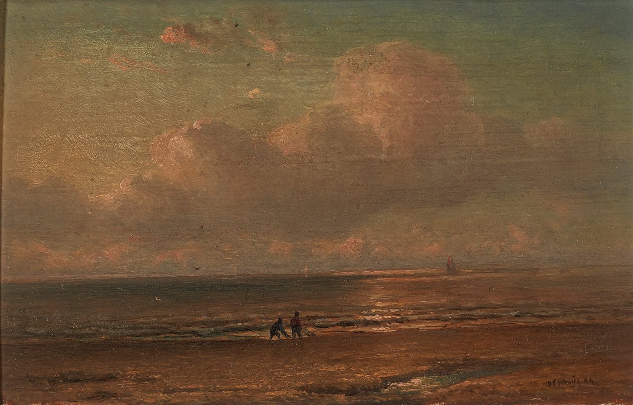 Figures By the Coast at Dusk (olie på panel) af Joannes Frederick Schutz