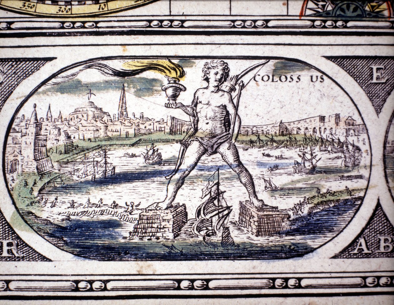 Repræsentation af antikkens syv vidundere: Kolossen på Rhodos. i Atlas of Jansson Jannsonius trykt i Amsterdam i 1630. Privat samling. af Joannes Jansson