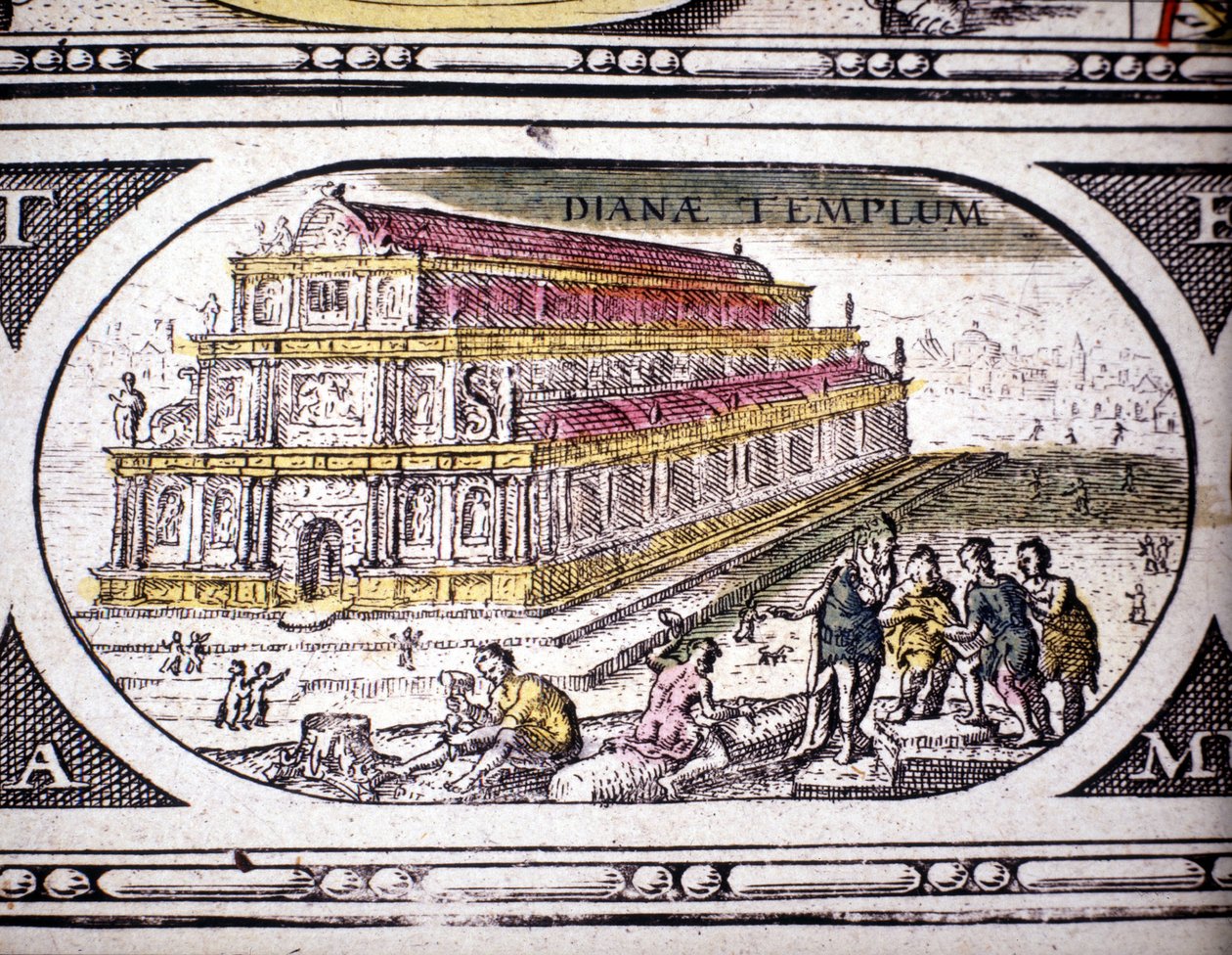 Repræsentation af antikkens syv vidundere: Dianatemplet (Artemis) i Efesos. i Atlas of Jansson Jannsonius trykt i Amsterdam i 1630. Privat samling. af Joannes Jansson