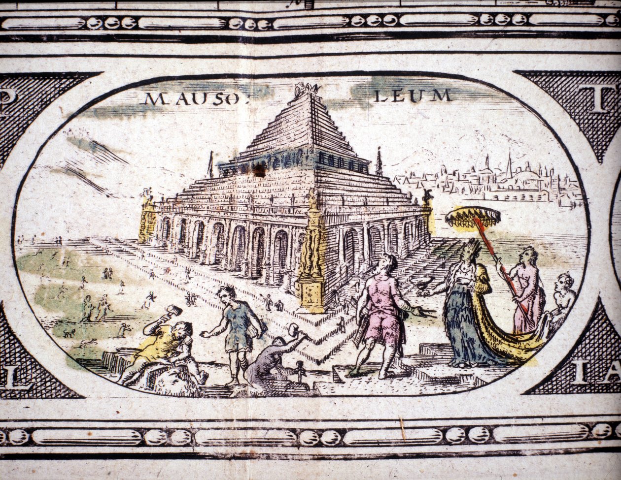 Repræsentation af antikkens syv vidundere: Halikarnassos mausoleum. i Atlas af Jansson Jannsonius trykt i Amsterdam i 1630. Privat samling. af Joannes Jansson