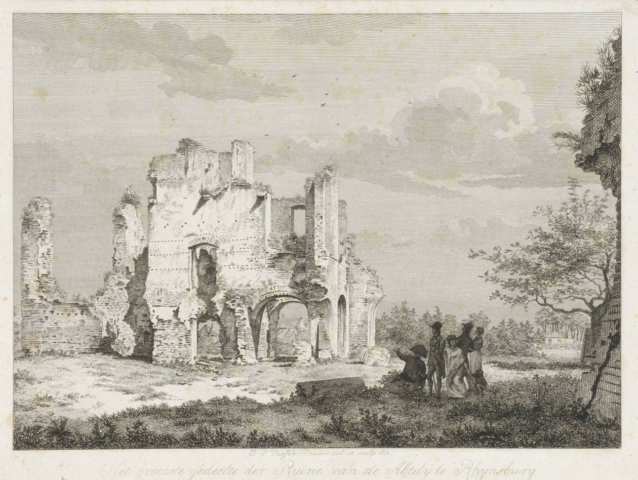 Selskab ved ruinerne af klosteret i Rijnsburg De fleste af ruinerne af Abtdy ved Rhynsburg (titel på objektet) af Joannes Pieter Visser Bender